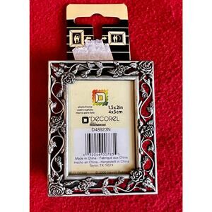 Decorel small pewter tone metal floral photo frame w/easel holds 1.5"x 2" photo